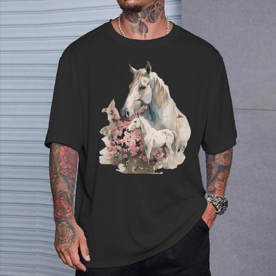 T-shirt Femme Motif Cheval Et Fleurs Sauvages - Coton Doux, Coupe Décontractée - Pour Cavalières Et Amatrices