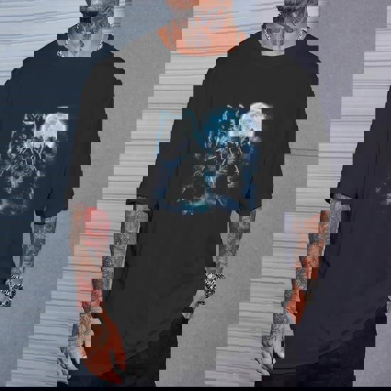T-Shirt Three Wolves Howling Under Icy Full Moon, Gray Wolf T-Shirt Three Wolves Howling Under Icy Full Moon, Gray Wolf