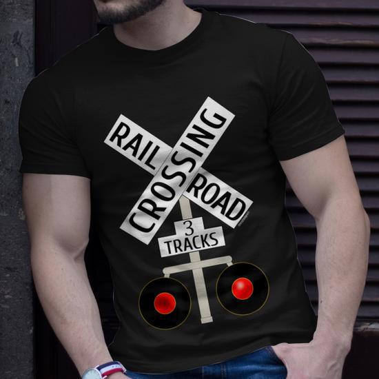 Train Railroad Crossing Lights 3 Tracks Road Sign T-Shirt - Monsterry