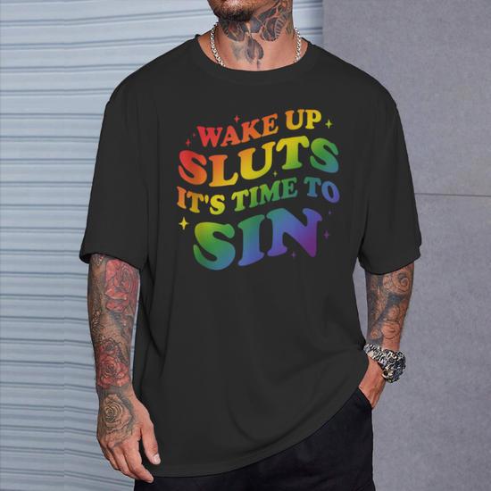 Funny PRIDE Adult Wake Up Sluts It's Time To Sin LGBTQ Cat T