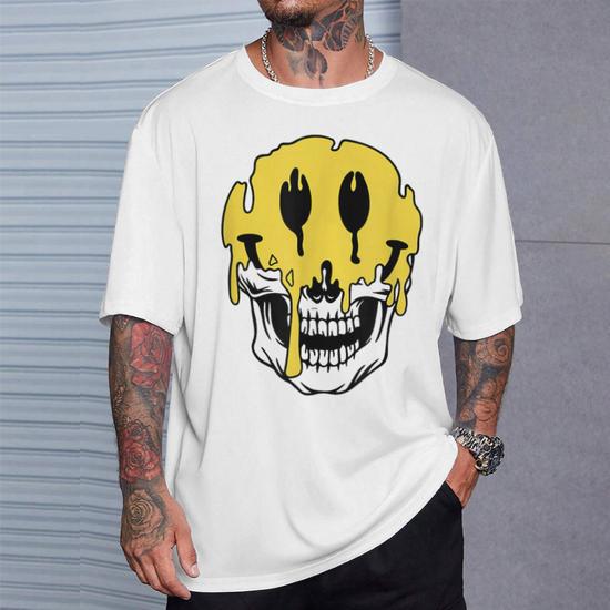 Y2k Smiling Skull Face Cyber Streetwear Graphic T-Shirt - Monsterry