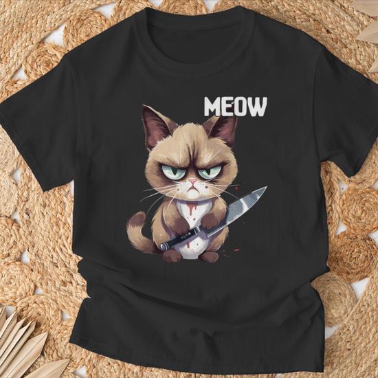 T-shirt Homme Humour Chat Avec Couteau Sanglant - Thème Halloween, Coton, Fait Main Aux USA
