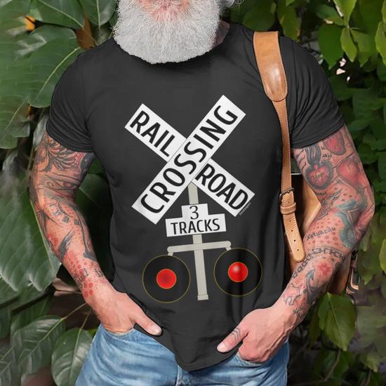 Train Railroad Crossing Lights 3 Tracks Road Sign T-Shirt - Monsterry