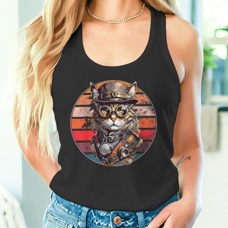 Steampunk Cat Retro Sunset Glasses Hat And Watches Tank Top