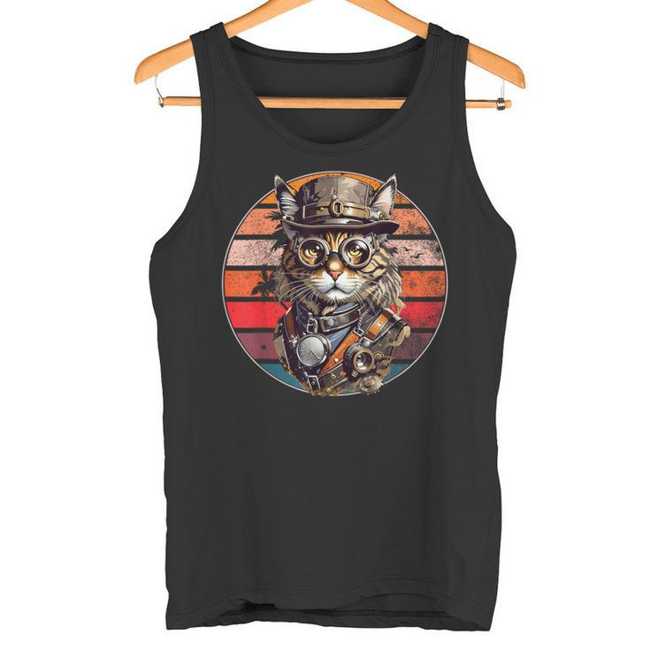 Steampunk Cat Retro Sunset Glasses Hat And Watches Tank Top