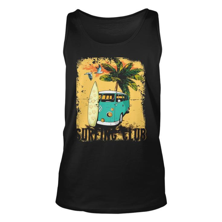 Surfing Summer Beach Hippie Van Bus Surfboard Palm Tree Tank Top