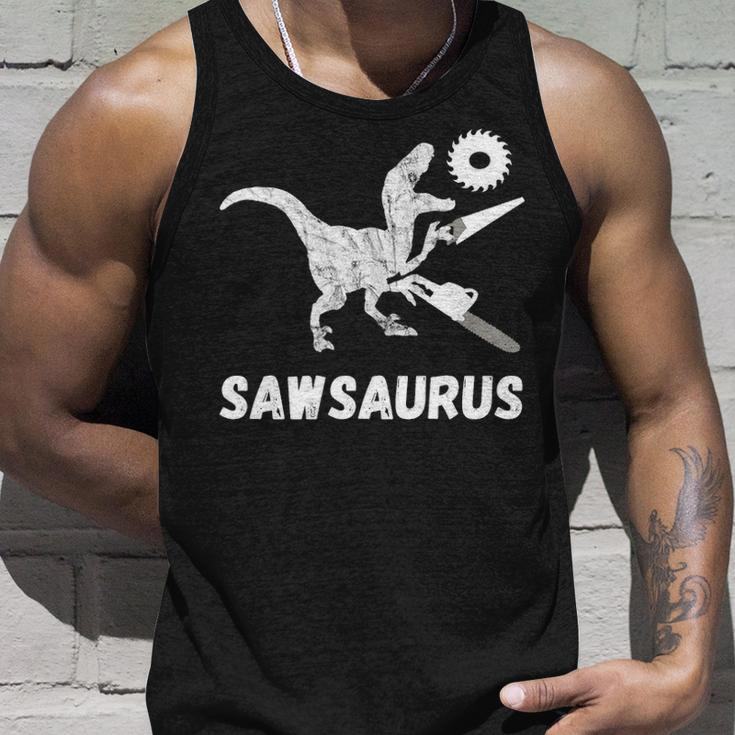Sawsaurus Woodworker Dinosaurs CarpentryRex Dino Chainsaw Tank Top Gifts for Him