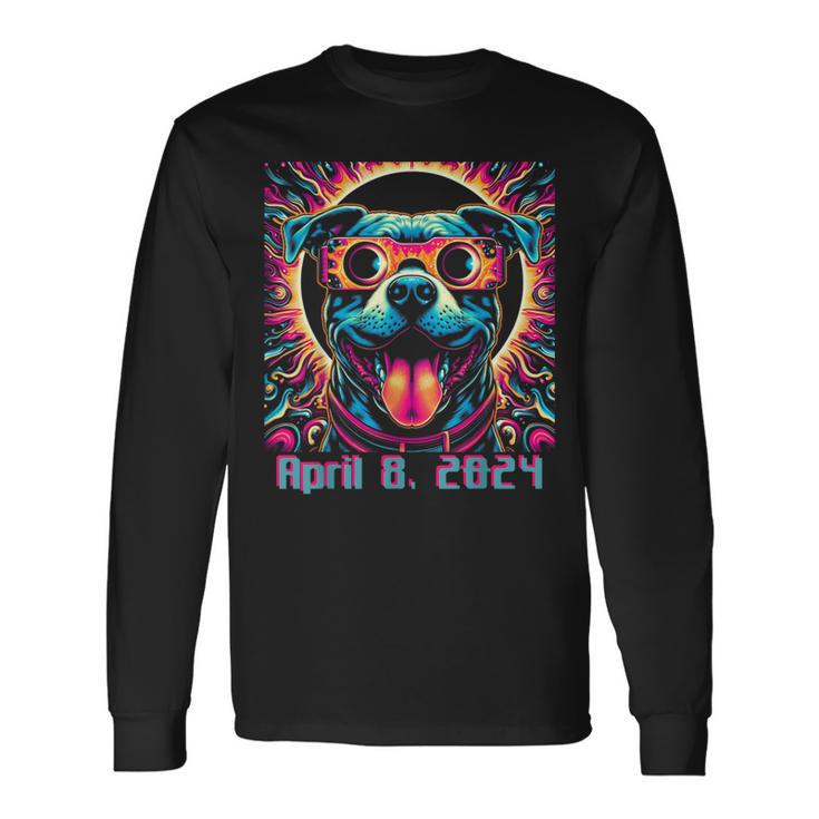 2024 Solar Eclipse Dog Pitbull Wearing Glasses Psychedelic Long Sleeve T-Shirt