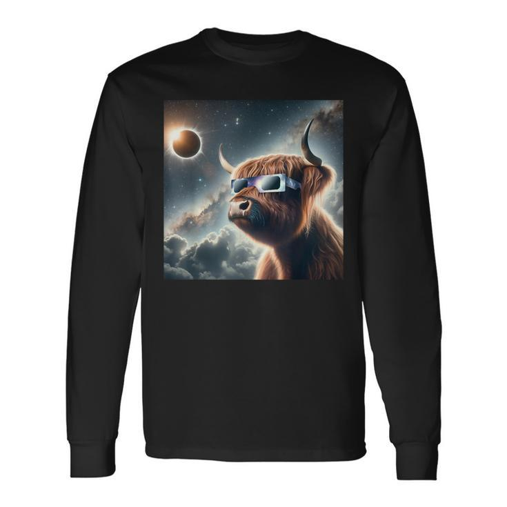 2024 Solar Eclipse Highland Cow Wearing Glasses Totality Long Sleeve T-Shirt