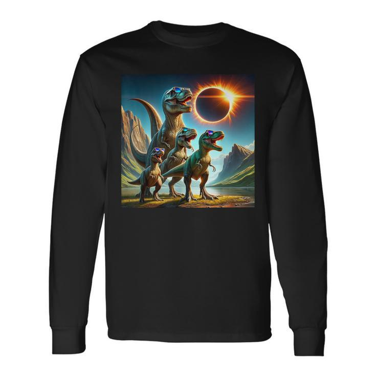 2024 Solar Eclipse T-Rex Family Wearing Glasses Totality Long Sleeve T-Shirt