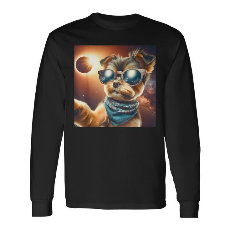 2024 Total Solar Eclipse Dog Taking Selfie Wearing Glasses Long Sleeve T-Shirt