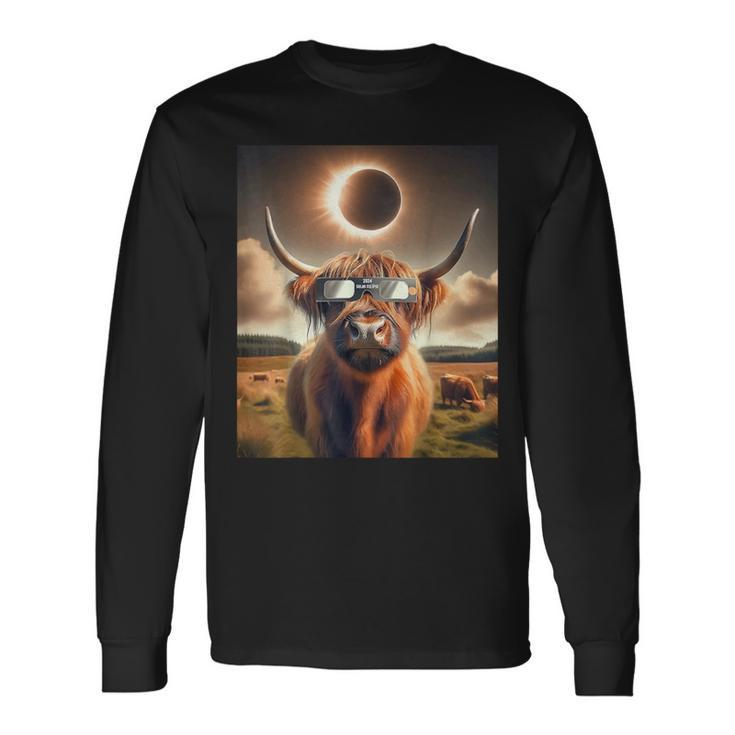 2024 Total Solar Eclipse Highland Cow Wearing Sunglasses Long Sleeve T-Shirt