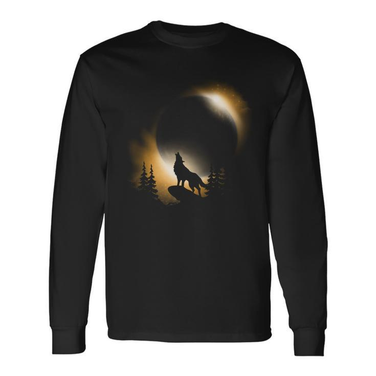 2024 Total Solar Eclipse Wolf Moon And Sun Long Sleeve T-Shirt