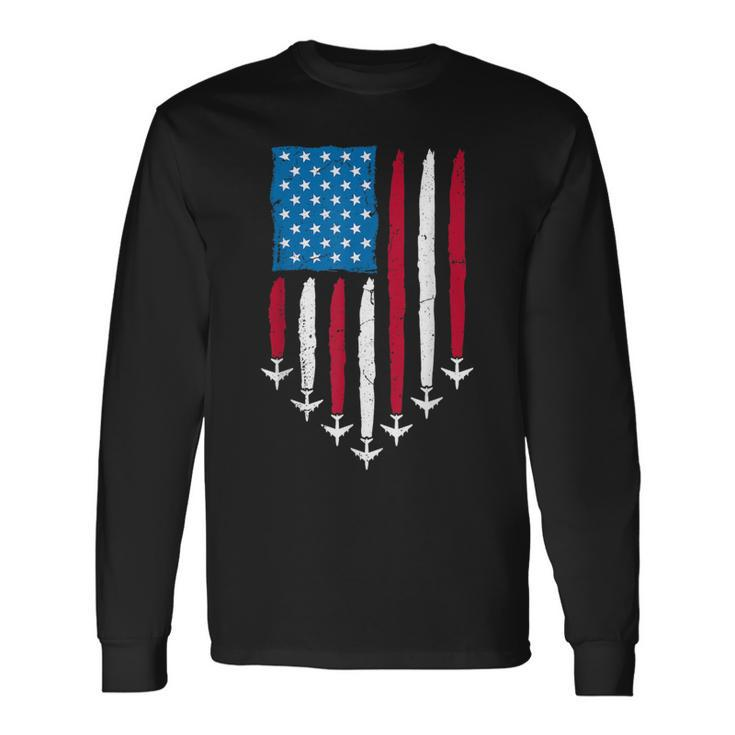 4Th Of July Fourth 4 Patriotic Usa Flag Fighter Jets Kid Long Sleeve T-Shirt