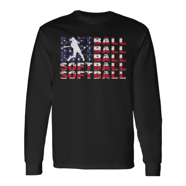 4Th Of July Softball American Flag Vintage Patriotic Long Sleeve T-Shirt