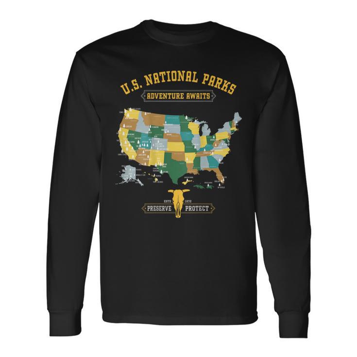 All 63 Us National Parks Map Outdoor Adventure On Back Long Sleeve T-Shirt