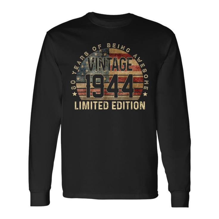 80Th Birthday Vintage 1944 80 Years Old Usa Flag Long Sleeve T-Shirt