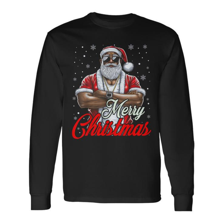 African American Santa Christmas Pajama Cool Black Long Sleeve T-Shirt