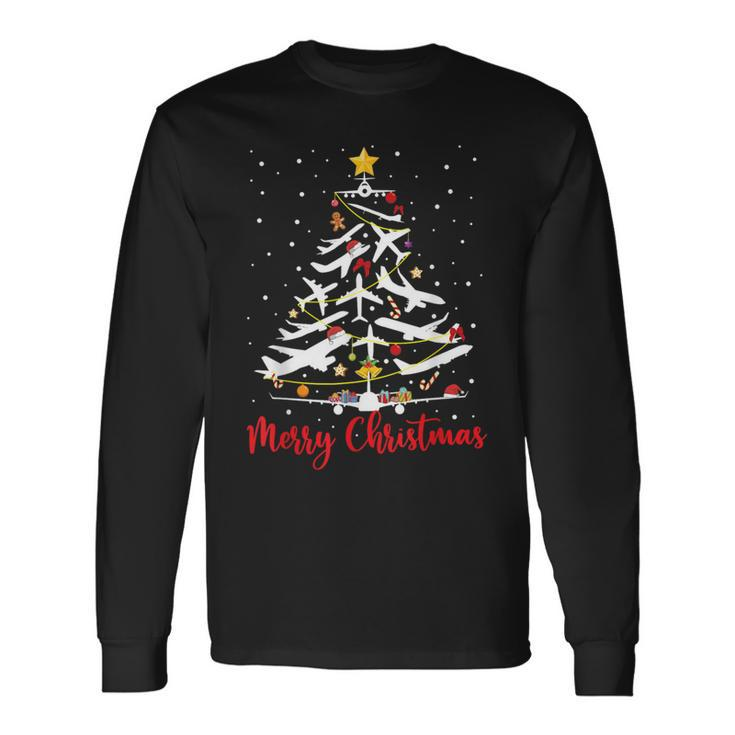 Airplane Christmas Tree Merry Christmas Most Likely Pilot Long Sleeve T-Shirt
