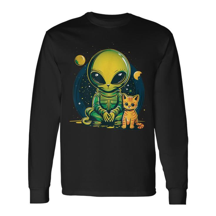 Alien And Cat Cat Selfie With Alien Vintage Ufo Long Sleeve T-Shirt