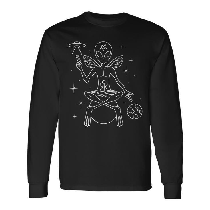 Alien Outer Space Man Satanic Baphomet With Pentagram & Ufo Long Sleeve T-Shirt