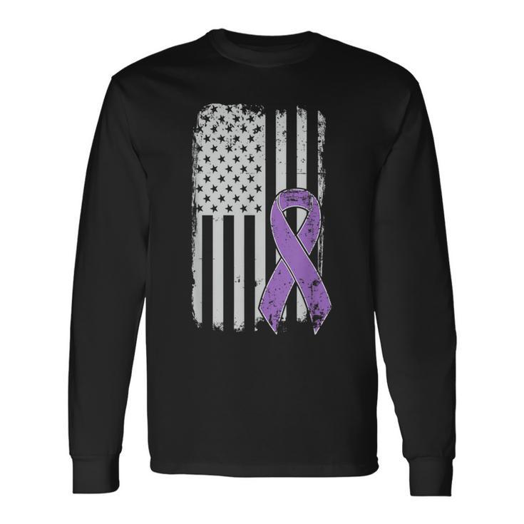 Alzheimers Awareness Usa American Flag Alz Dementia Ribbon Long Sleeve T-Shirt