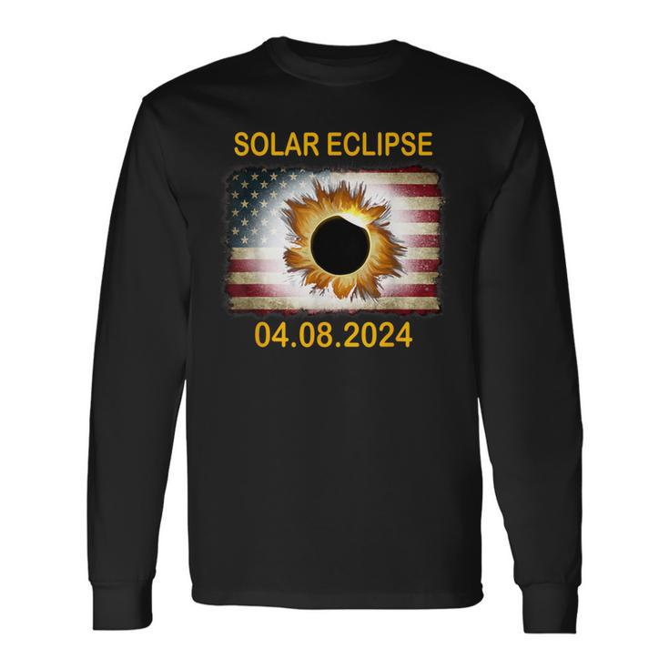America Totality 04 08 24 Total Solar Eclipse 2024 Usa Flag Long Sleeve T-Shirt Gifts ideas