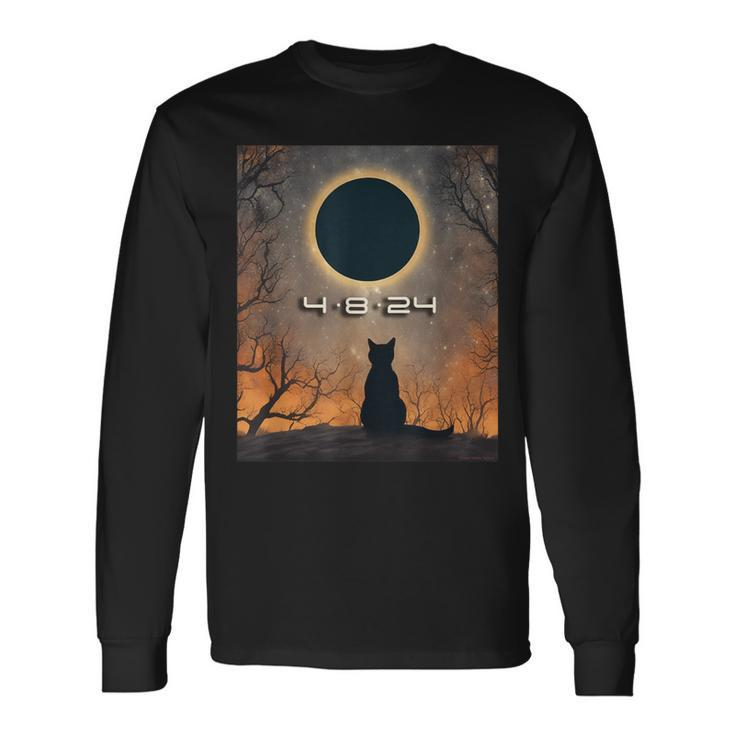America Totality 4-8-2024 Cat Watching Total Solar Eclipse Long Sleeve T-Shirt