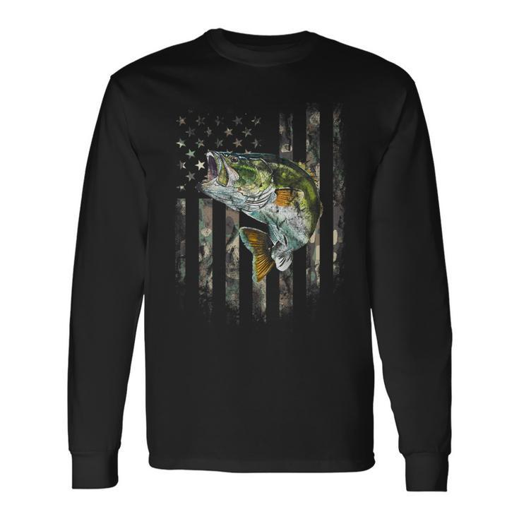 American Flag Print On The Back Camo Bass Fish Fishing Long Sleeve T-Shirt