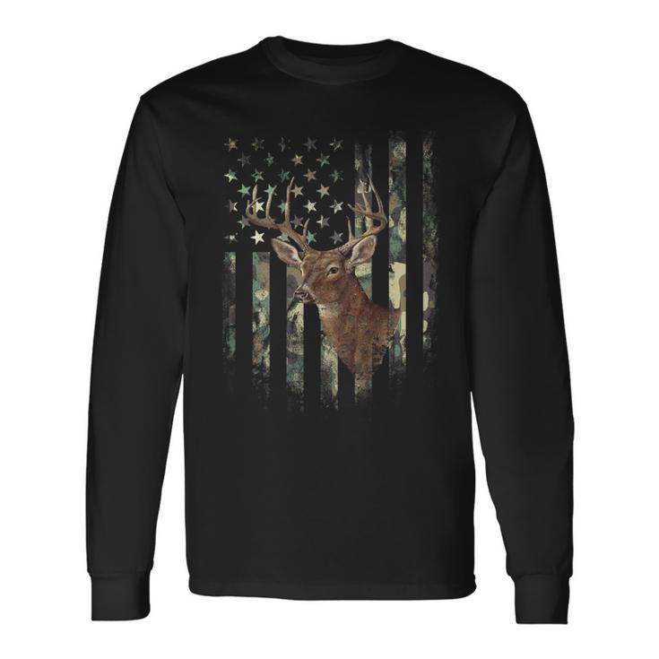 American Flag Print On The Back Deer Hunting Camo Long Sleeve T-Shirt