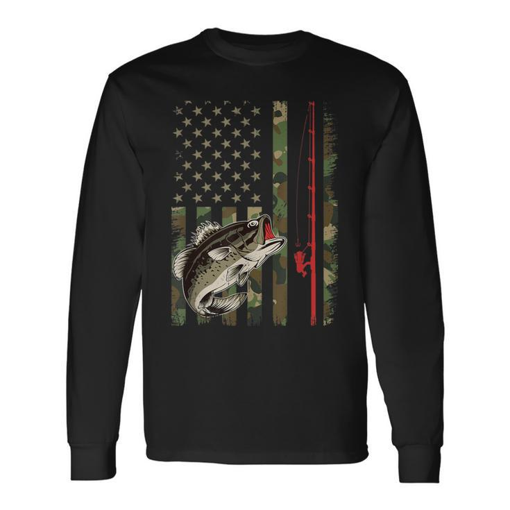 American Flag Fishing Rod Grunge Camouflage Largemouth Bass Long Sleeve T-Shirt
