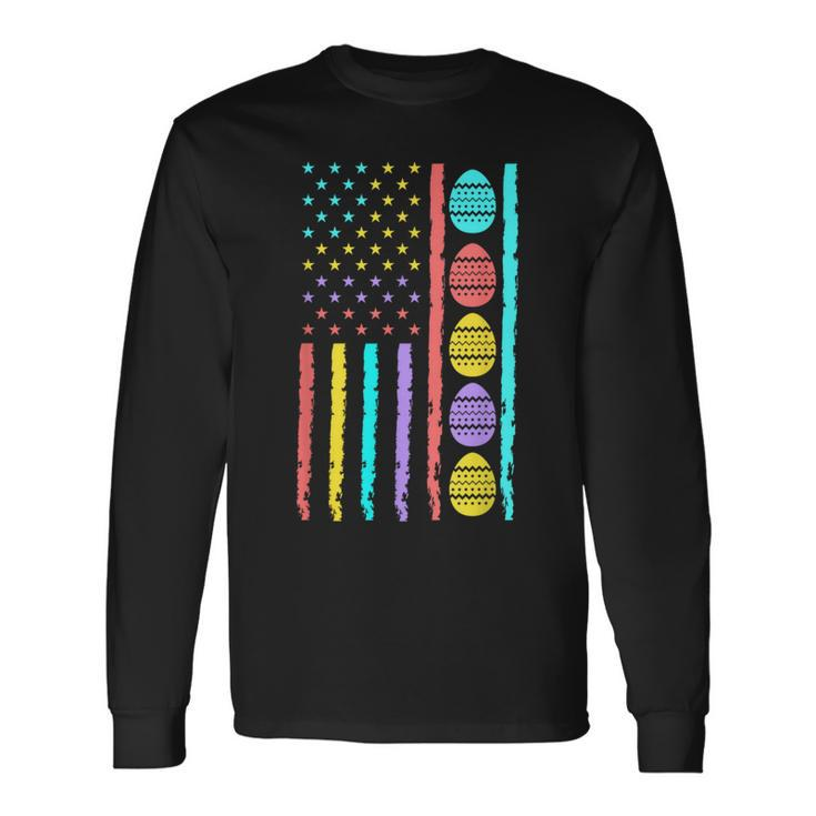 American Flag Happy Easter Egg Hunting Patriotic Easter Day Long Sleeve T-Shirt