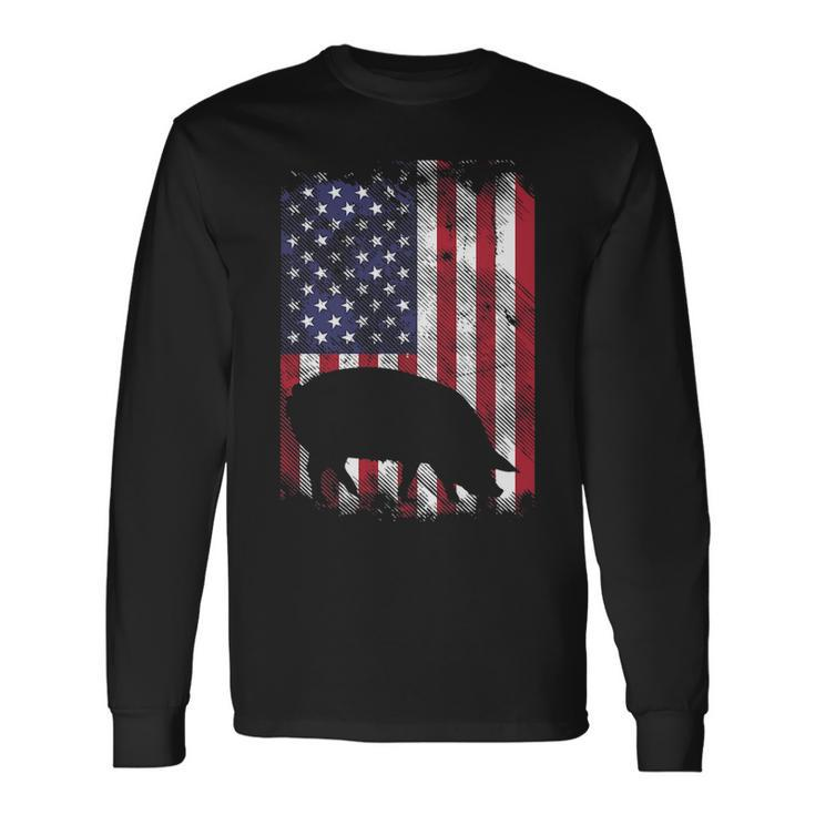 American Flag Pig Vintage Farm Animal Patriotic Piggy Long Sleeve T-Shirt