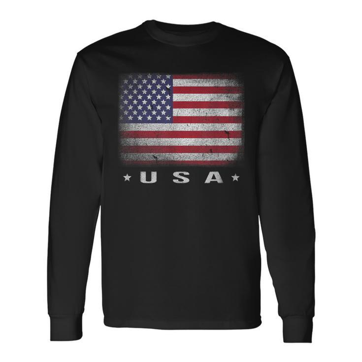 American Flag Usa July 4Th White Blue Red Faded Stripe Star Long Sleeve T-Shirt