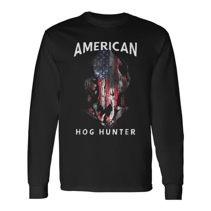 American Hog Hunter Patriotic Wild Hog Skull Long Sleeve T-Shirt