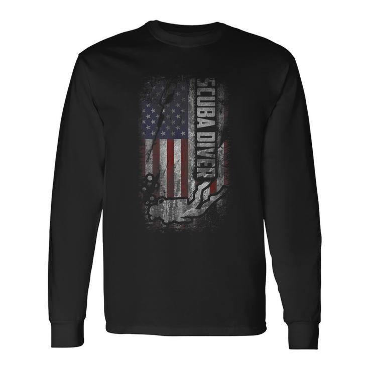 American Scuba Diving Patriot Usa Flag Scuba Diver Long Sleeve T-Shirt
