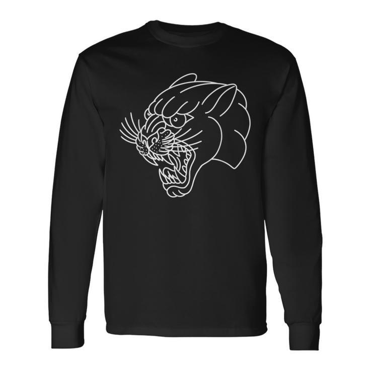 American Traditional Panther Head Outline Tattoo Long Sleeve T-Shirt