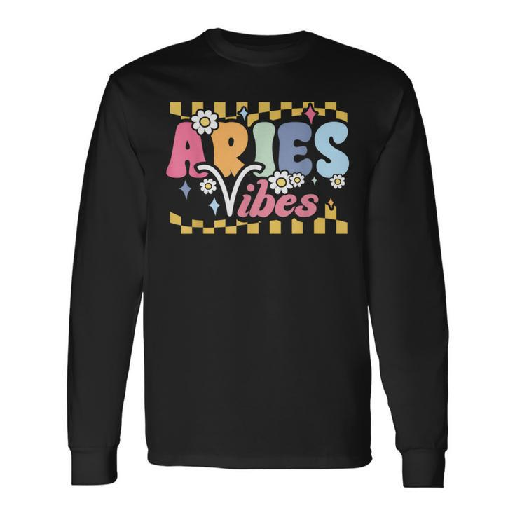 Aries Vibes Zodiac March April Birthday Astrology Groovy Long Sleeve T-Shirt Gifts ideas