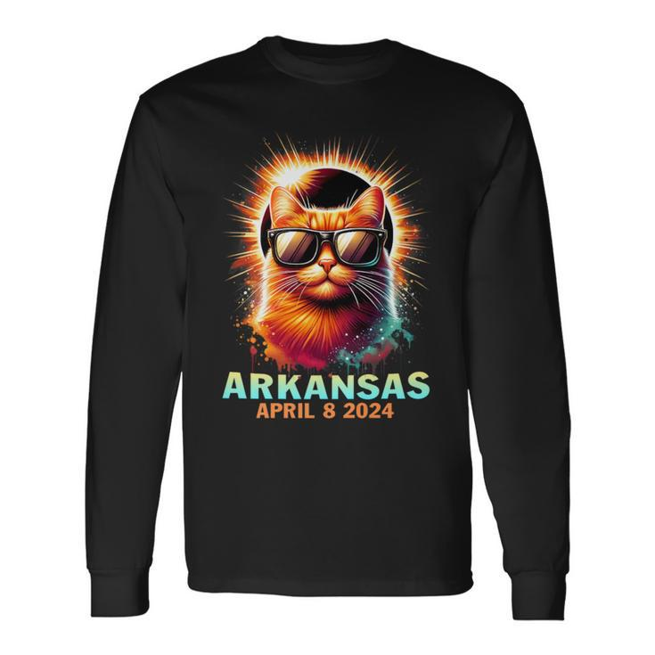 Arkansas Total Solar Eclipse 2024 Cat Wearing Glasses Long Sleeve T-Shirt