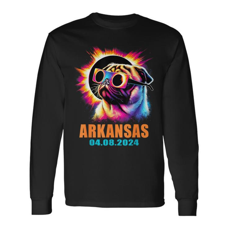 Arkansas Total Solar Eclipse 2024 Pug Dog With Glasses Long Sleeve T-Shirt