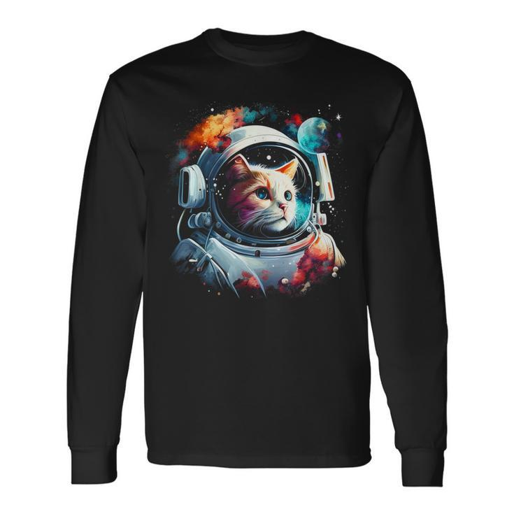 Astronaut Cat Or Space Cat On Galaxy Cat Lover Long Sleeve T-Shirt