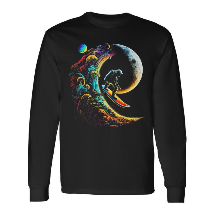 Astronaut Surfing Through Space Universe Galaxy Planets Moon Long Sleeve T-Shirt Gifts ideas
