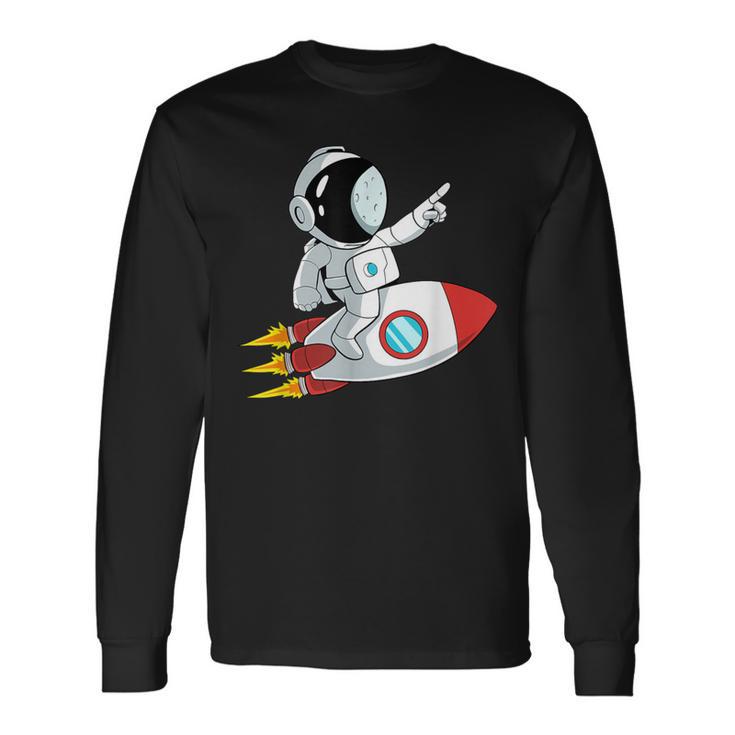 Astronaut und Rakete im Weltraum Langarmshirts, Unisex Schwarz Geschenkideen