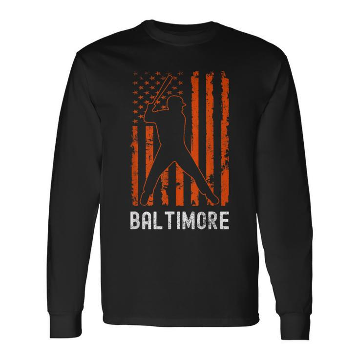 Baltimore Maryland American Flag Baseball Weathered Long Sleeve T-Shirt