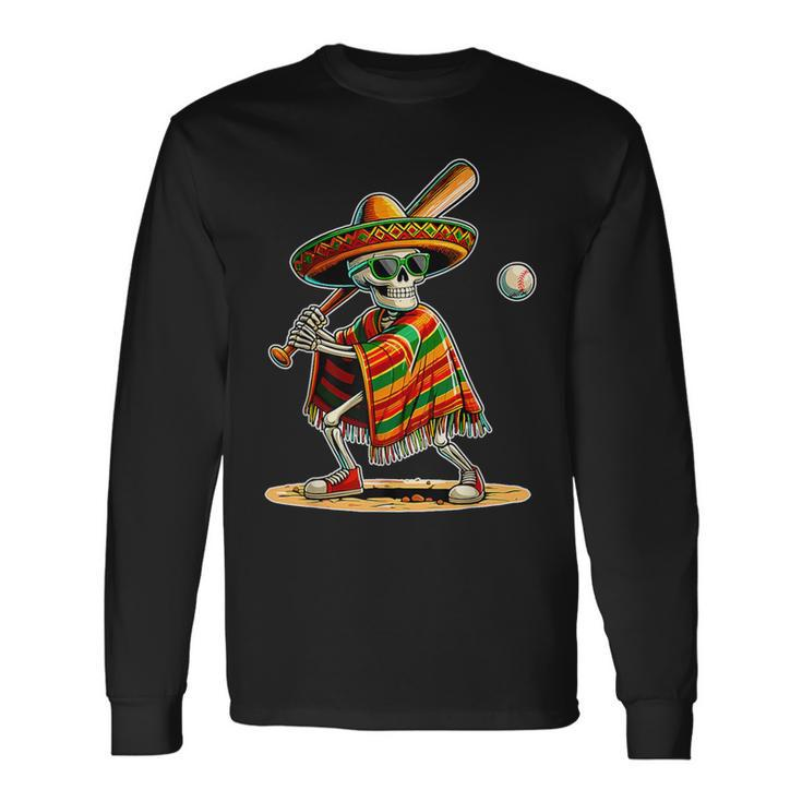 Baseball Skeleton Mexican Sombrero Cinco De Mayo Long Sleeve T-Shirt