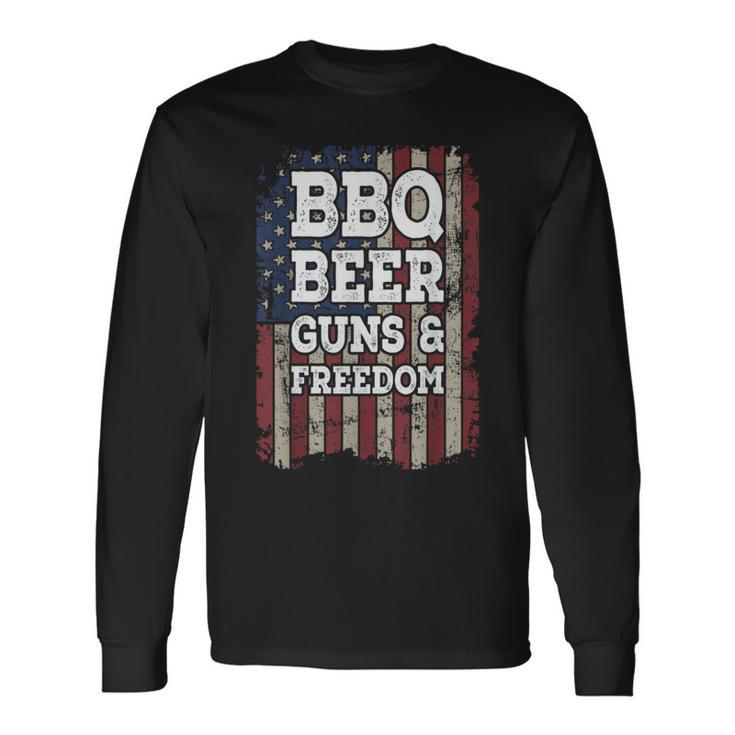 Bbq Beer Guns & Freedom Vintage Usa Flag Bbq Drinking Gun Long Sleeve T-Shirt