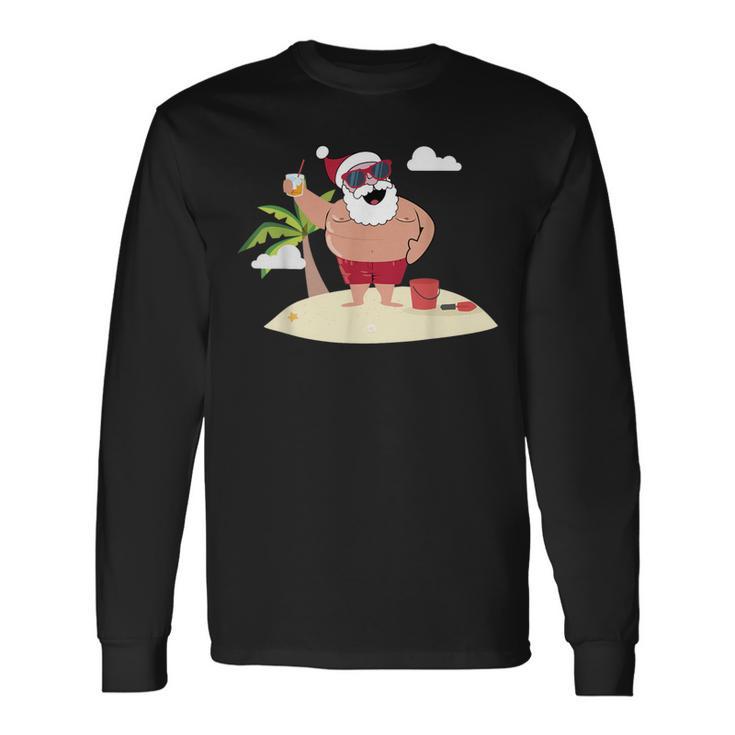 Beach Santa Tropical Christmas Palm Trees & Drinks Long Sleeve T-Shirt Gifts ideas