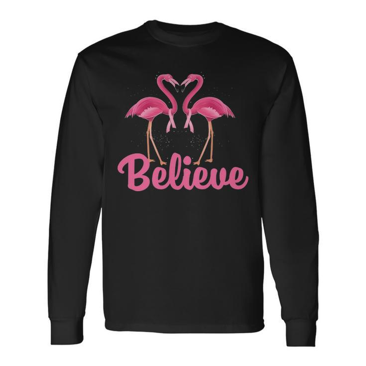 Believe Breast Cancer Flamingo Awareness Pink Ribbon Long Sleeve T-Shirt