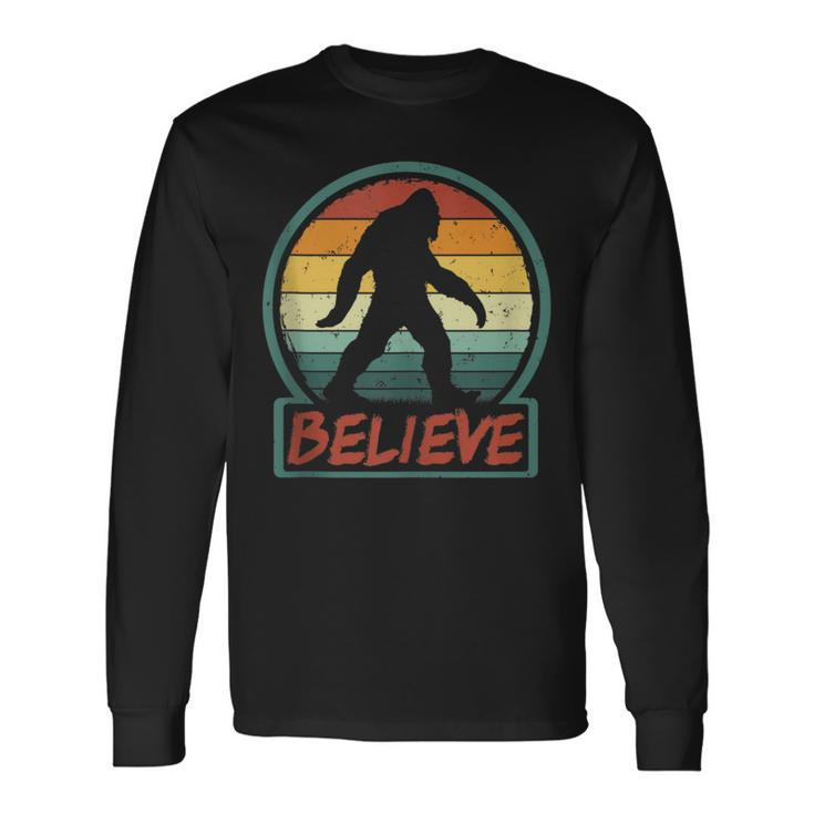 Bigfoot Believe Retro Sasquatch Cryptid Sunset Silhouette Long Sleeve T-Shirt