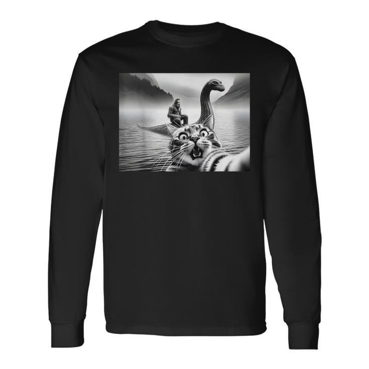 Bigfoot Riding Loch Ness Monster Surprised Scared Cat Selfie Long Sleeve T-Shirt